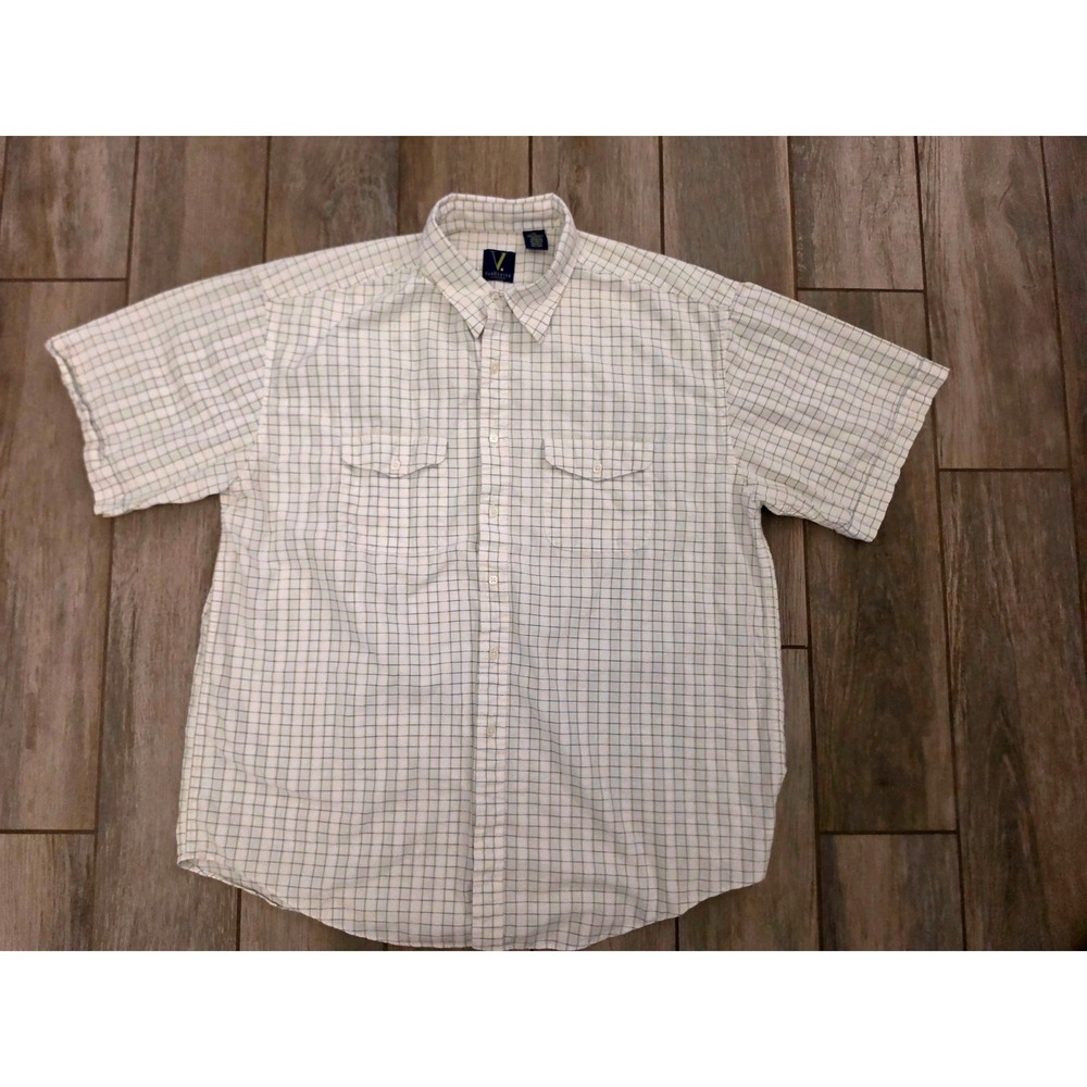 Van Heusen Mens XL Short Sleeve Button Down Shirt White Blue Green Check Cotton